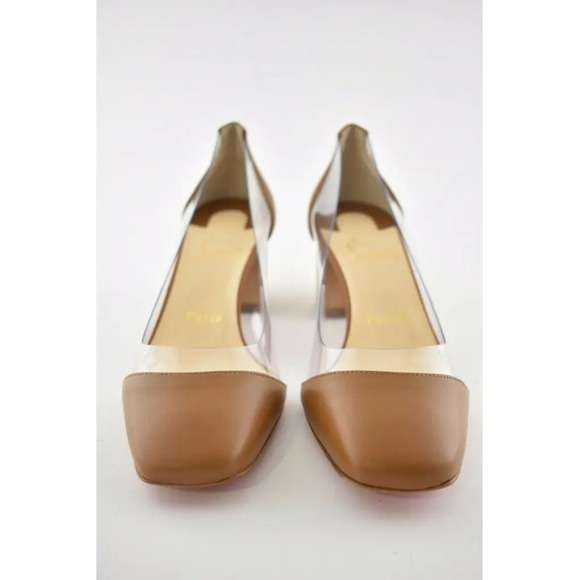 Christian Louboutin Grandola 55 Brown Leather PVC Bois Block Heel Sandal Pump 37 - Picture 5 of 12